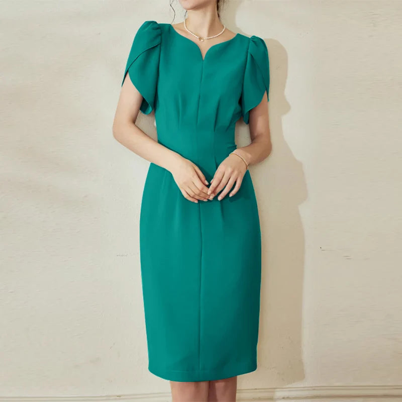Solid Color Midi Dress With V Neck For Office Women