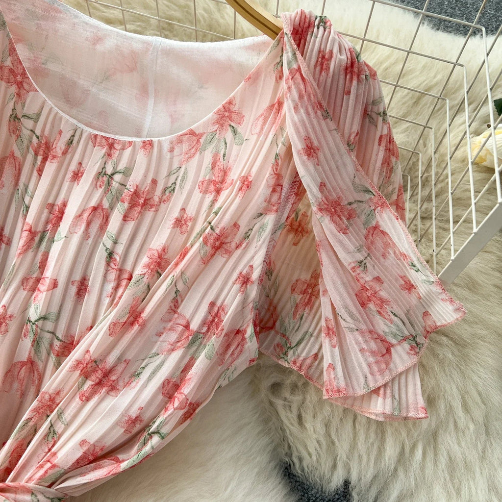 Retro Floral Chiffon Midi Dress With Ruffle Details