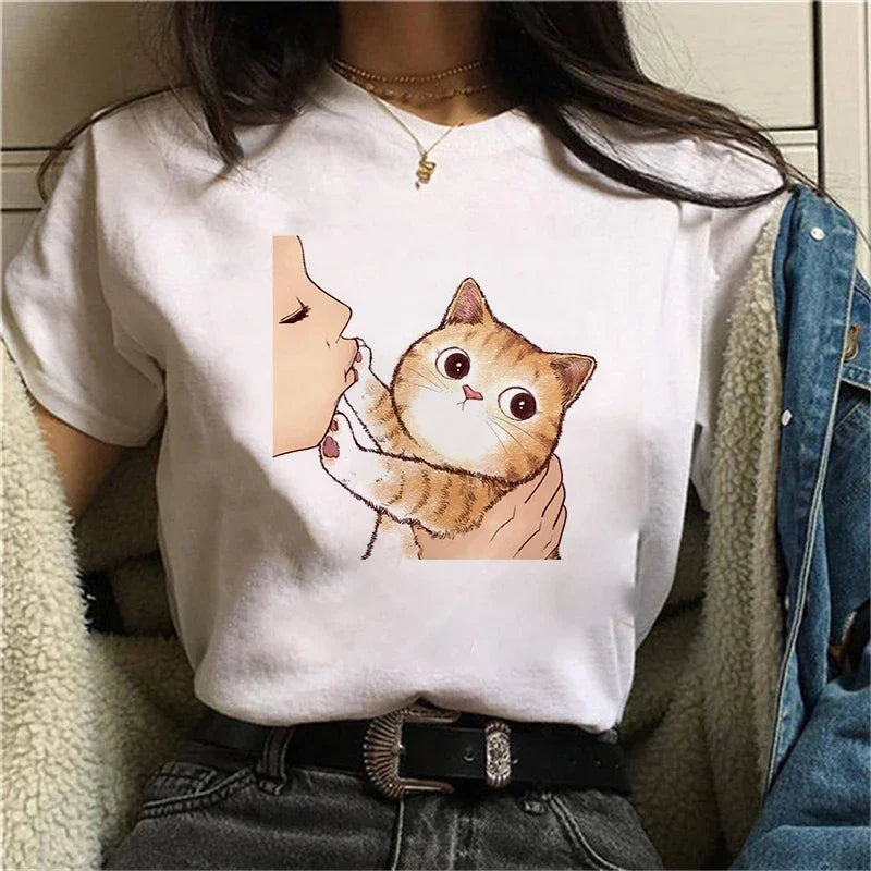 Summer Women Cute Cat Printed T-Shirt Casual Vintage Tee Top