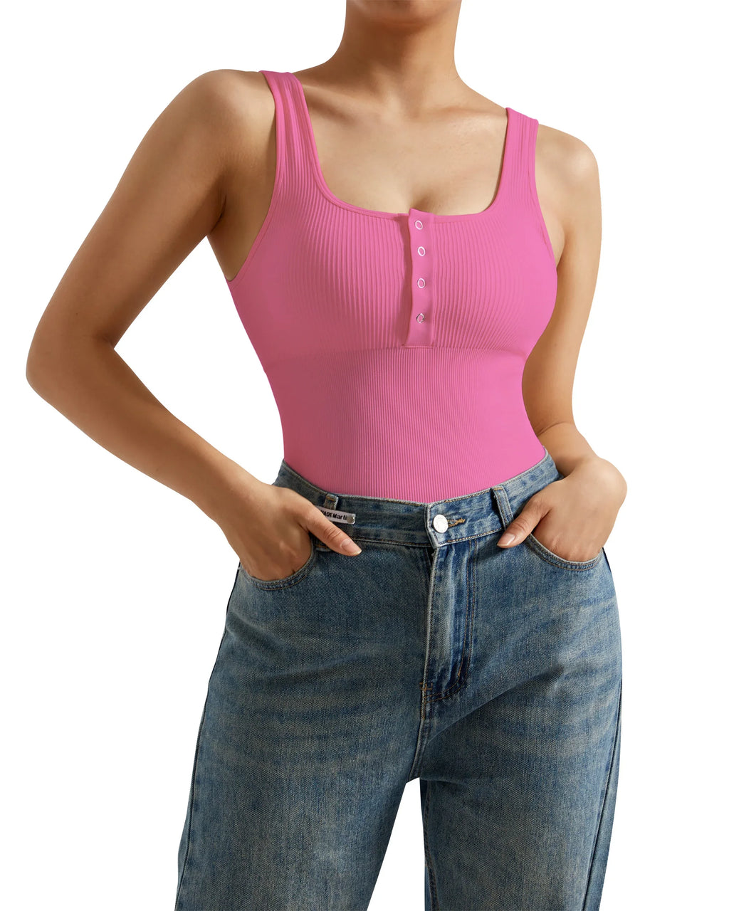 Women's Button Front Square Neck Ribbed Sleeveless Skinny Bodysuit Slimming Shapewear Casual Tank Top