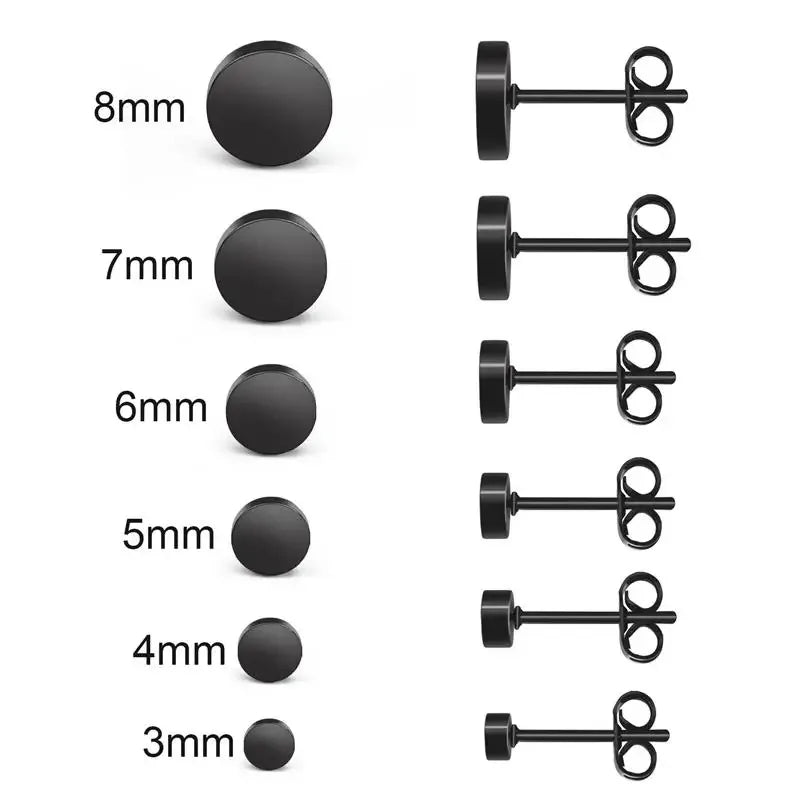2pcs Stainless Steel Black Ear Studs 3-8mm Punk Push Back Earrings for Men and Women