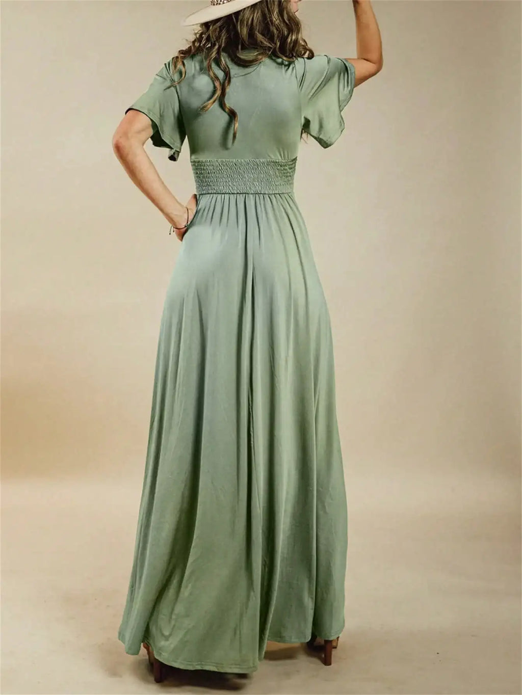 Green Knitted V Neck Maxi Dress With Slit And Short Sleeves
