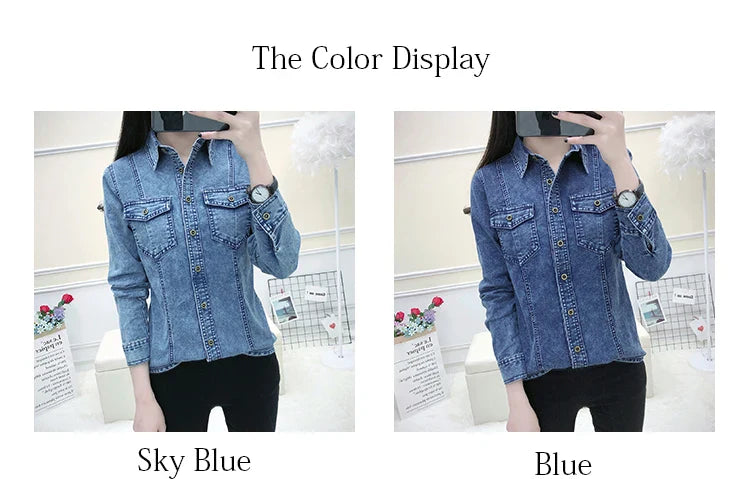 Women's High Quality Denim Shirt Long Sleeve Single Button Blouse with Pockets Casual Korean Style Autumn Winter Top