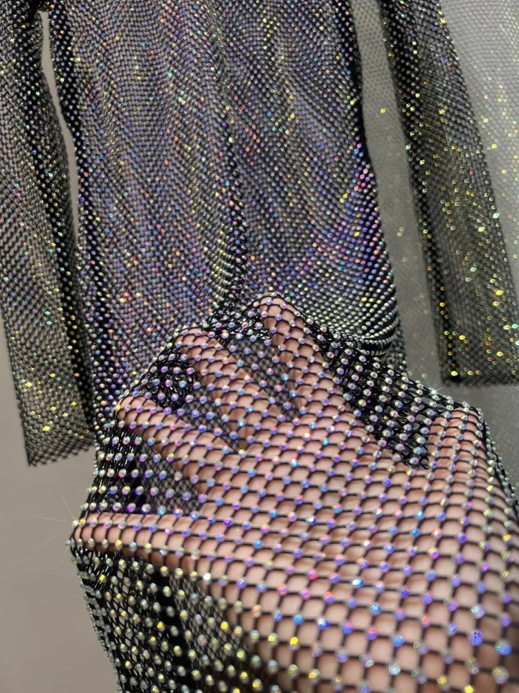 Colorful Sequin Diamond Dress Round Neck Midi Hollow