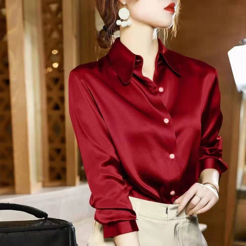Elegant Satin Long Sleeve Shirt for Women Slim Fit Casual Office Blouse with Transparent Buttons