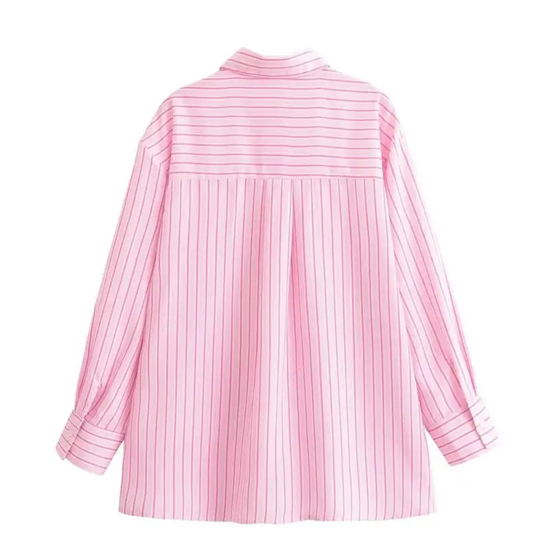 Chic Pink Striped Loose Fit Long Sleeve Blouse for Women Elegant Casual Street Style Shirt