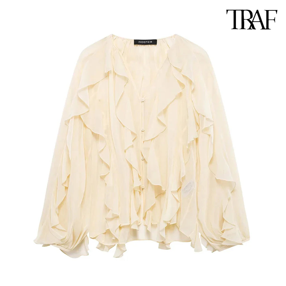 Elegant Solid Color Multi-Layered Ruffle V-Neck Sheer Long Sleeve Loose Blouse for Women