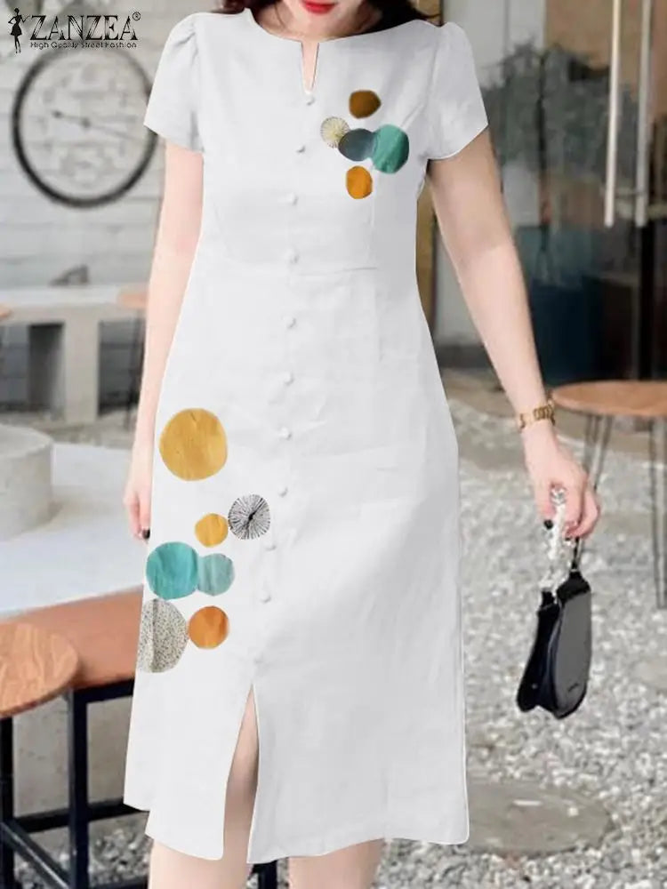 Dot Print Long Dress Casual Summer Short Sleeve Style