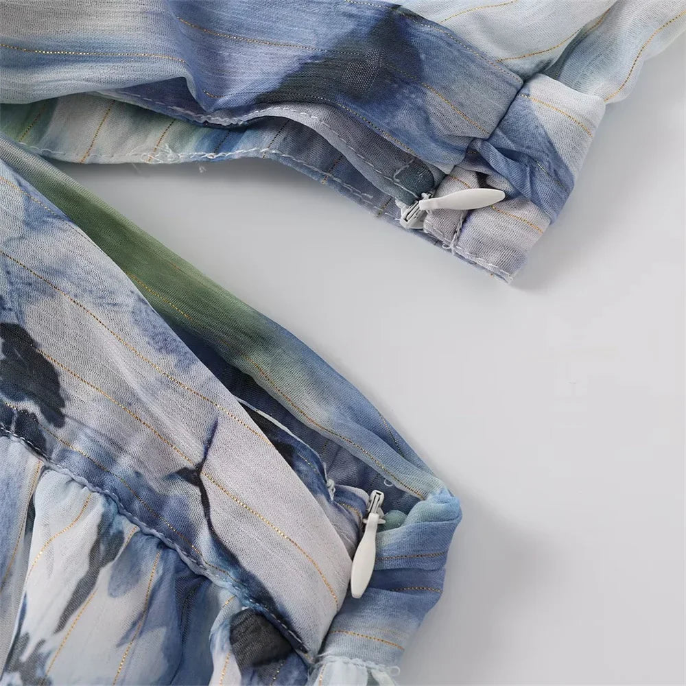 V Neck Printed Dress With Metal Line Open Waist Silhouette