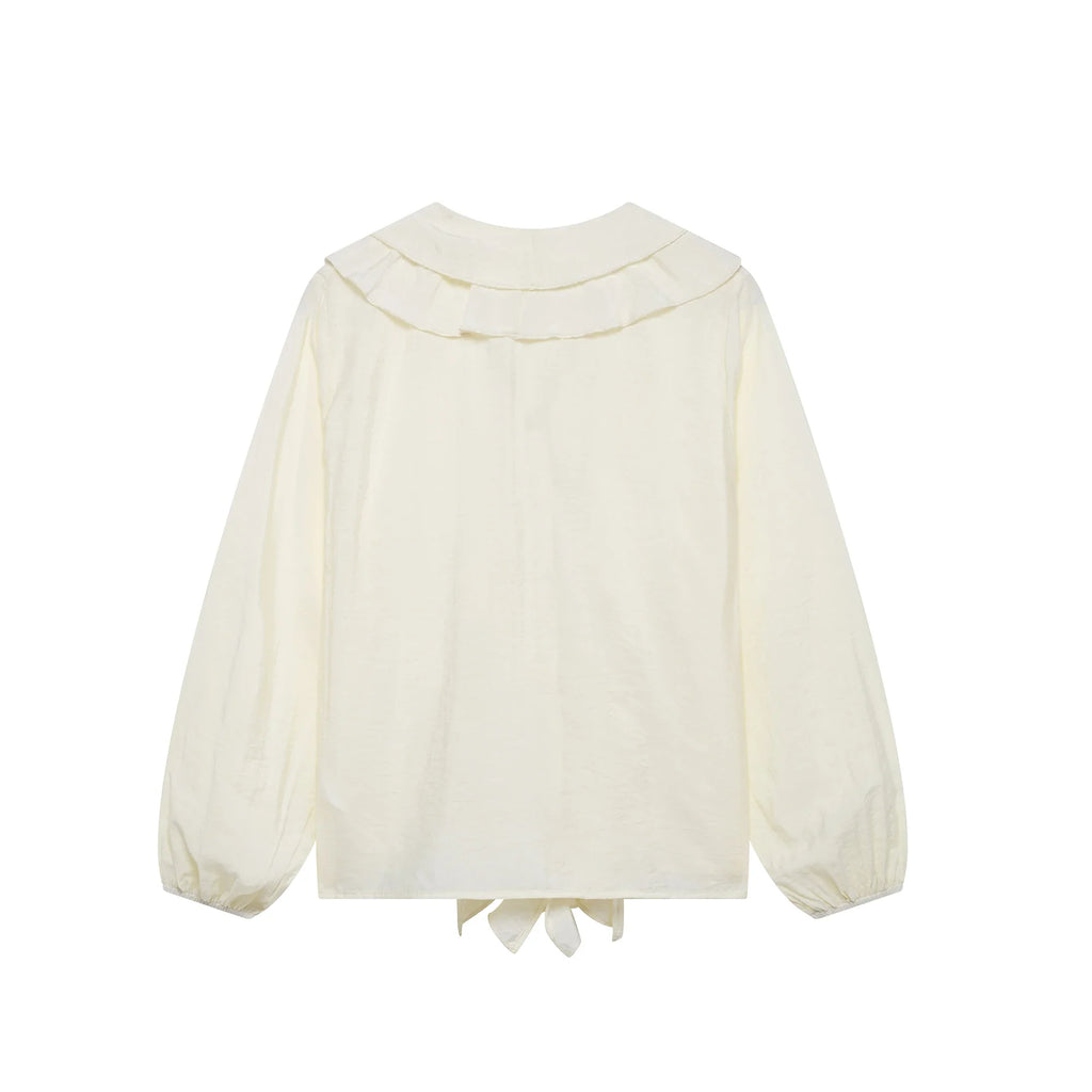 Women's Ruffled V-Neck Blouse with Flounce Long Sleeves Elegant Solid Color Chic Shirt