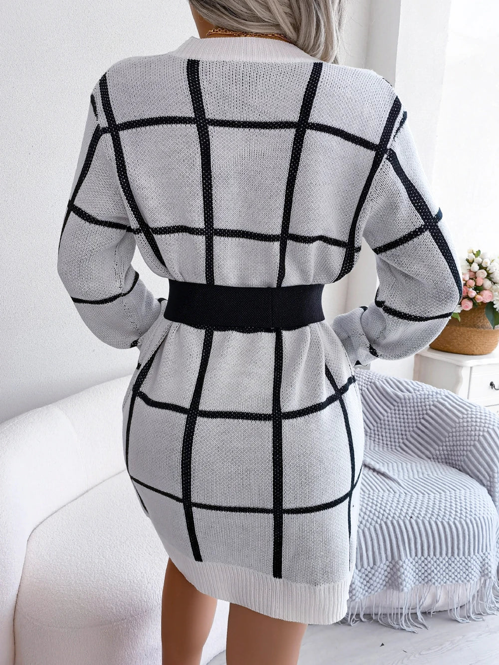 Women Plaid Knitted Sweater Dress Long Sleeve Casual Wear