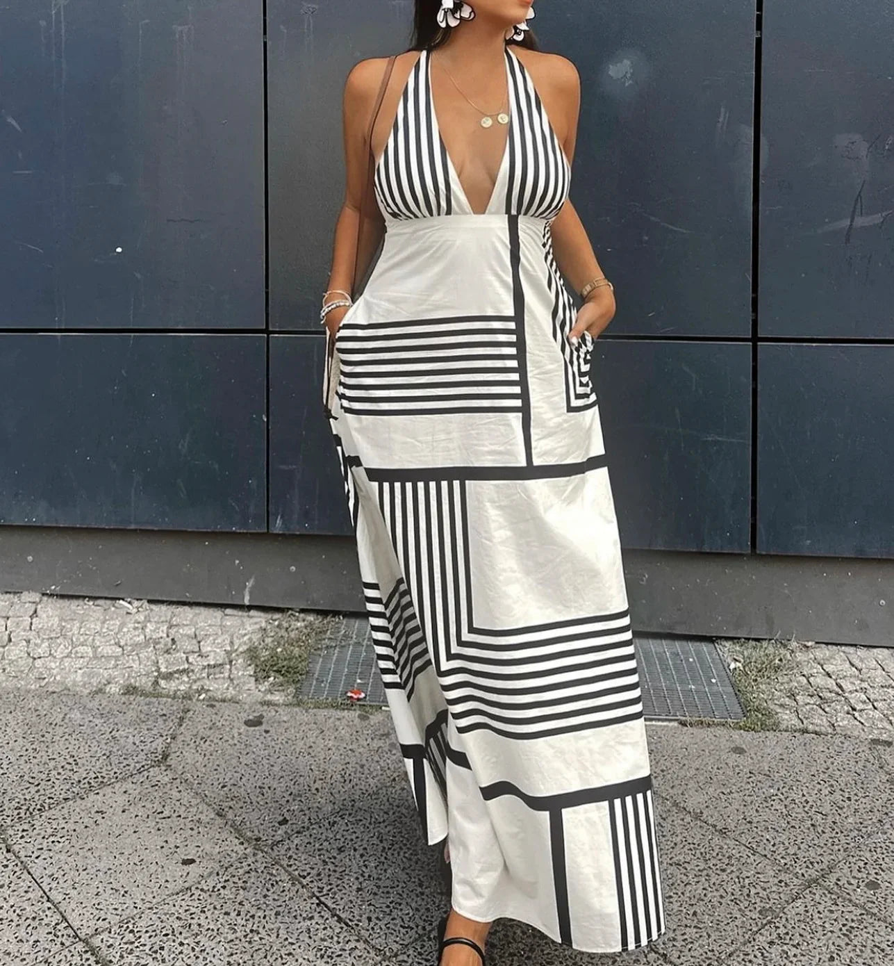 Casual Loose Striped Midi Dress For Women Street Style