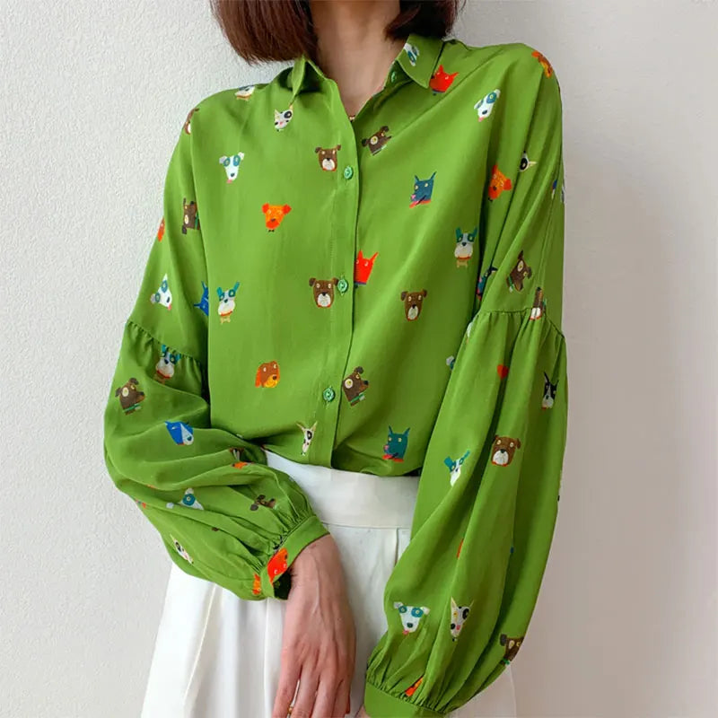 Women Shirt 100 Percent Mulberry Crepe Silk Green Lantern Sleeve Blouse with Cartoon Button Detail