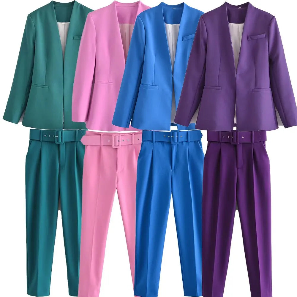 Women's Solid Color Office Suit Coat and High Waist Ankle-Length Pants Set