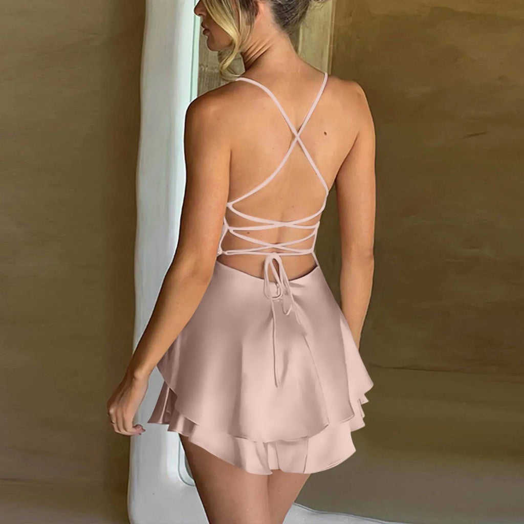 Backless Satin Party Dress With Cowl Neck Spaghetti Straps