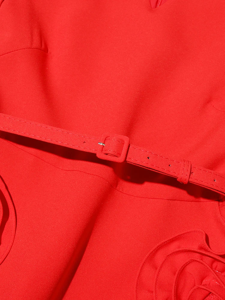 Hollow Out Patchwork Dress For Women V Neck Long Belted