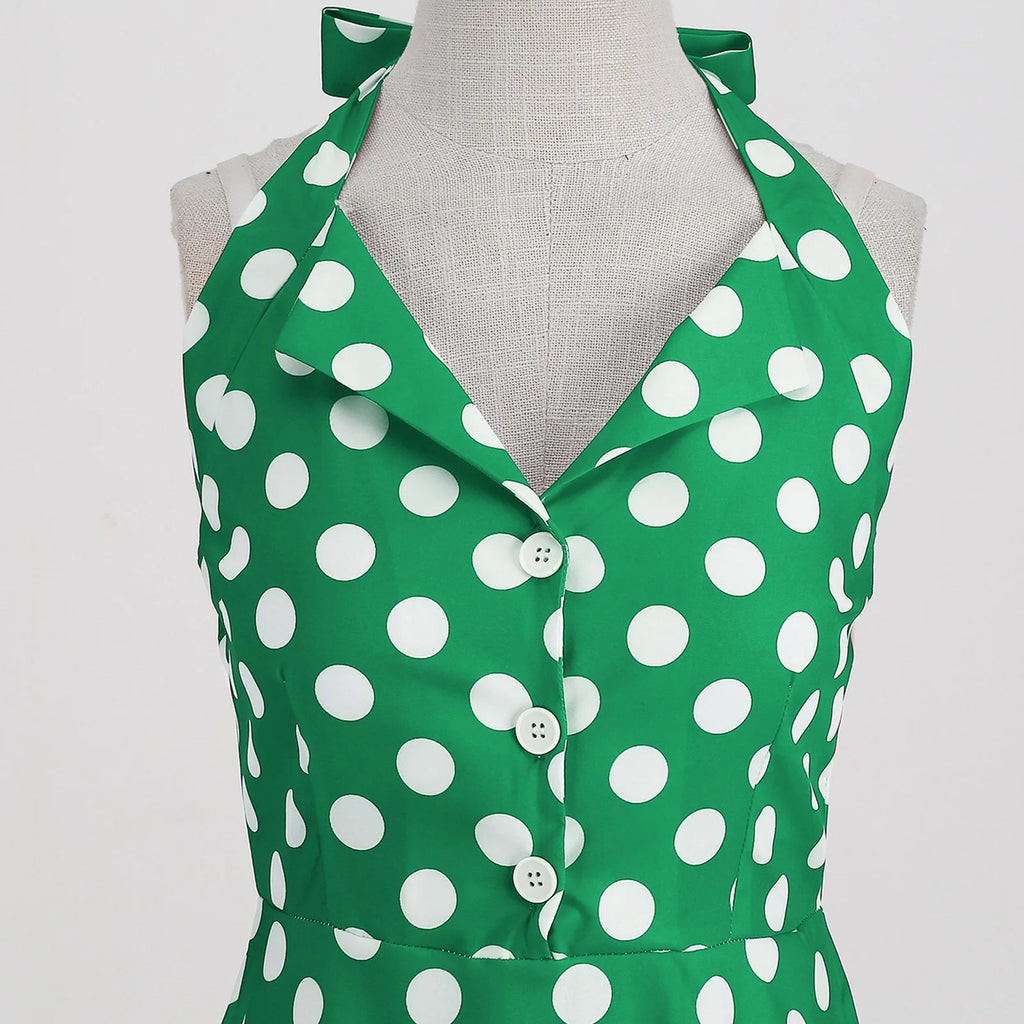 Retro Polka Dot Lace Up Backless Dress With Swing Puff