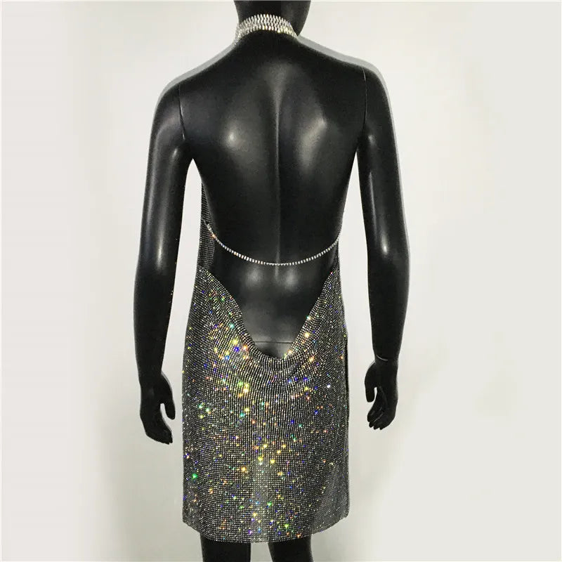 Sequin Rhinestone Backless Mini Dress For Nightclub Party