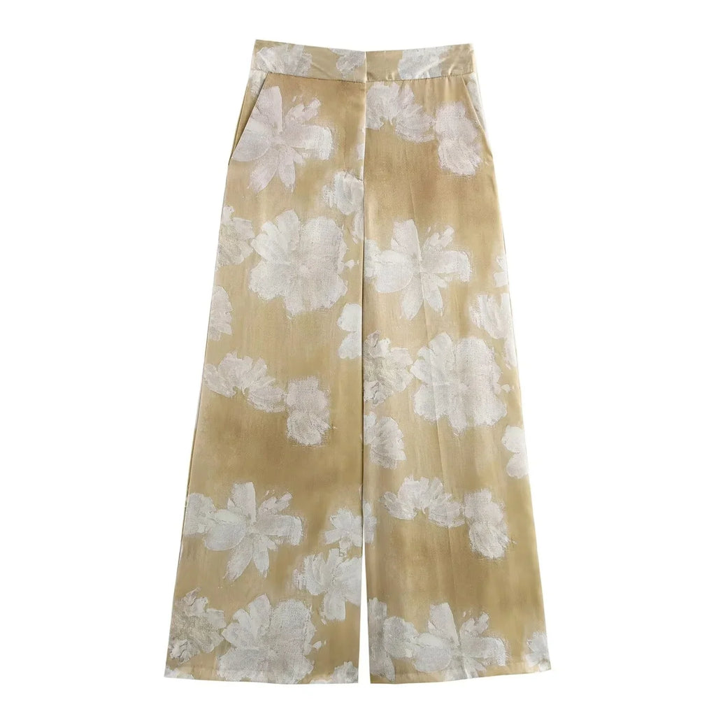 Silk Satin Flower Print Long Sleeve Shirt and Pants Set for Women