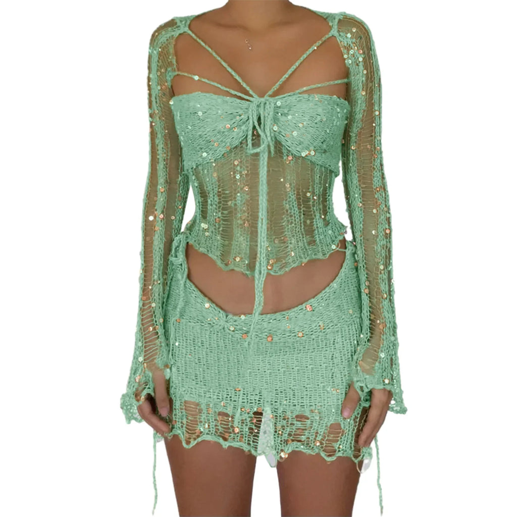 Sequin Crochet Three Piece Dress Set For Women Y2K Style