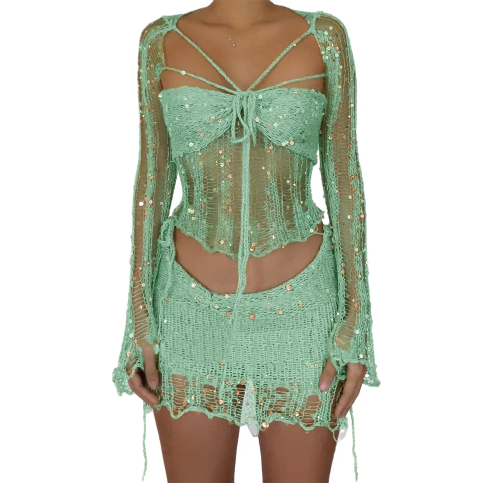 Sequin Crochet Three Piece Dress Set For Women Y2K Style