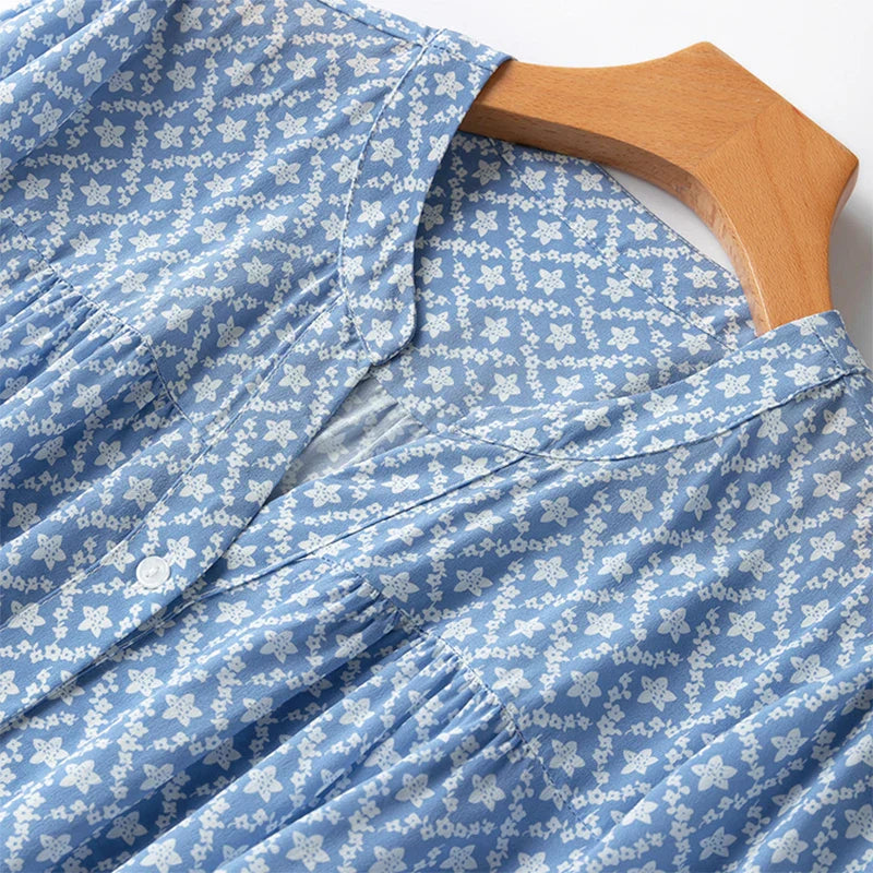 Silk Midi Dress For Women Blue Floral Ruffles V Neck