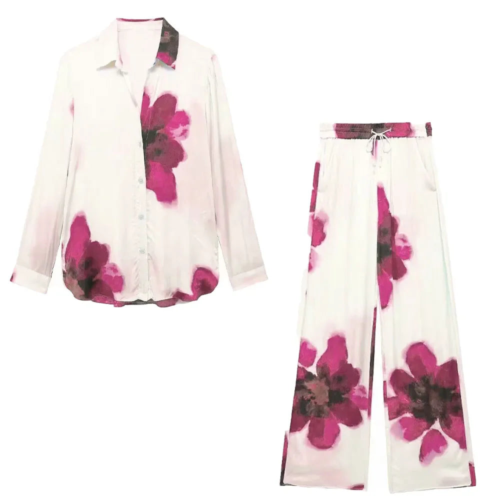 Autumn Women's Casual Loose Collar Long Sleeve Printed Shirt and High Waist Wide Leg Pants Set