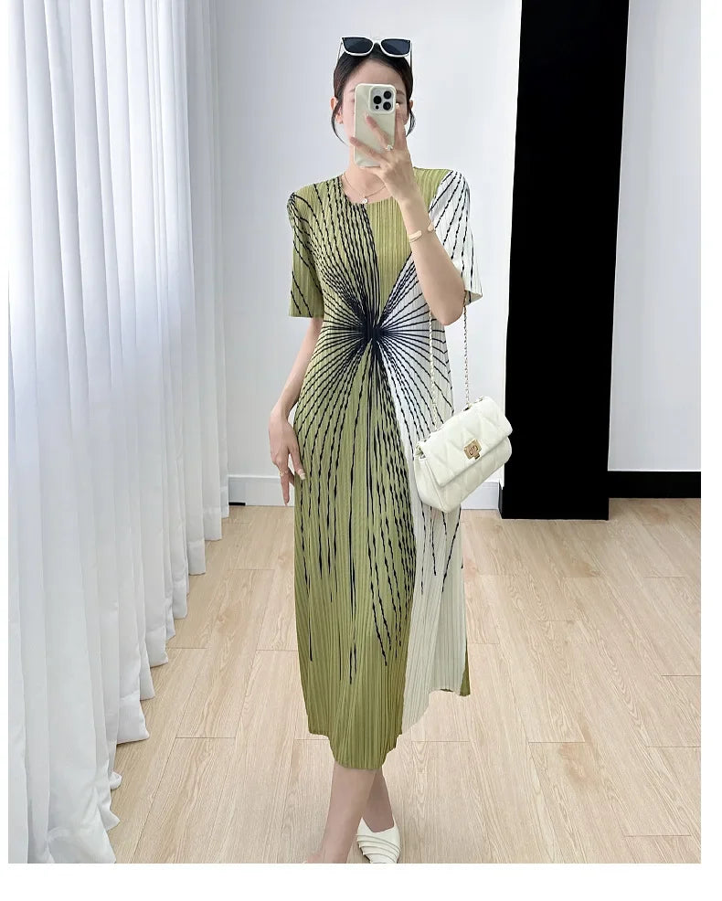 Women Pleated Dress Black White Print O Neck Short Sleeve