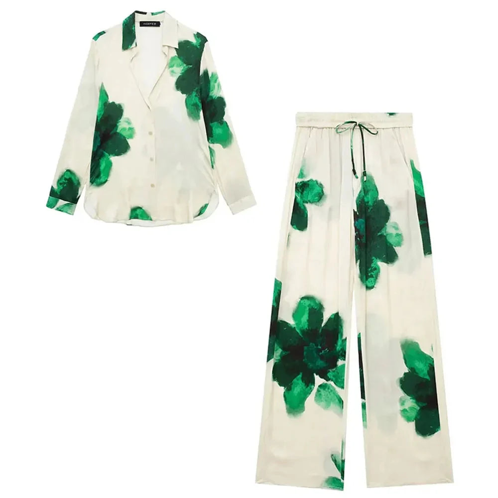 Elegant Floral Print Two-Piece Suit for Women Long Sleeve Lapel Blouse and Drawstring Wide Leg Pants Casual Summer Outfit