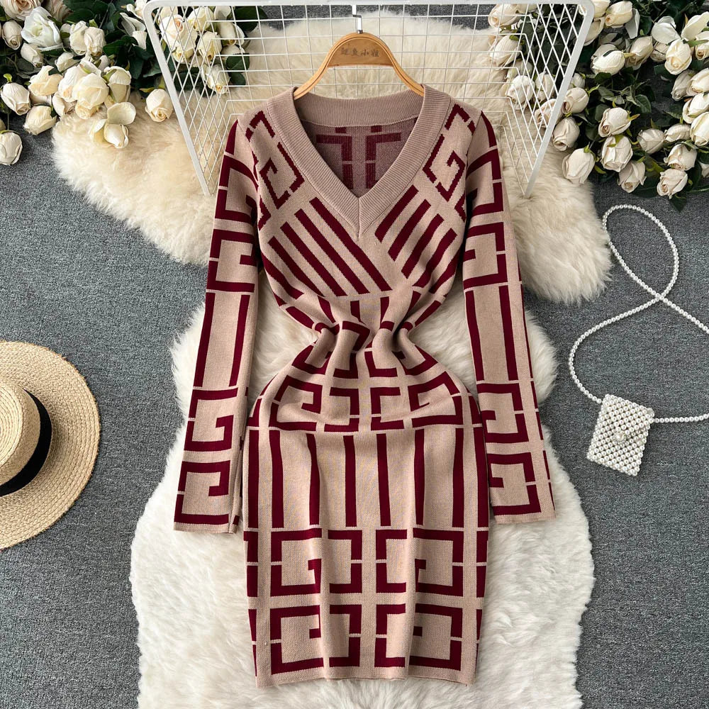 Geometric Knitted Bodycon Dress for Autumn Winter Women