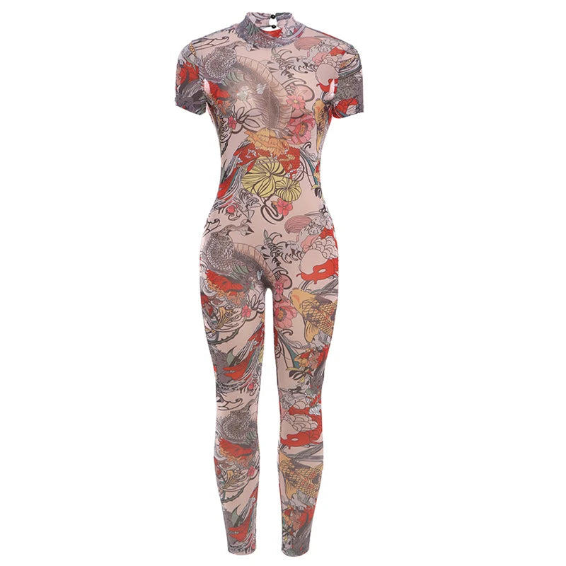 Women's Backless Dragon Print See-Through Jumpsuit Slim Stretch Short Sleeve Workout Overalls Clubwear