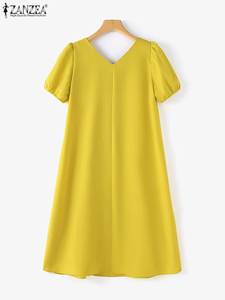 V Neck Puff Sleeve Midi Dress Solid Color Casual Wear