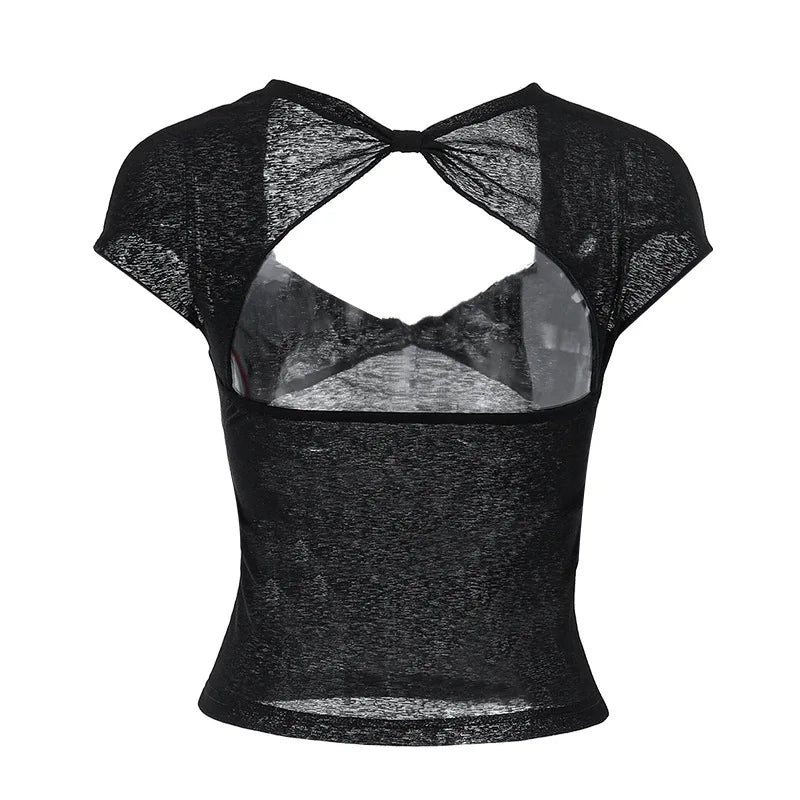 Square Collar Backless Crop Top for Women Short Sleeve Elegant Streetwear Tees