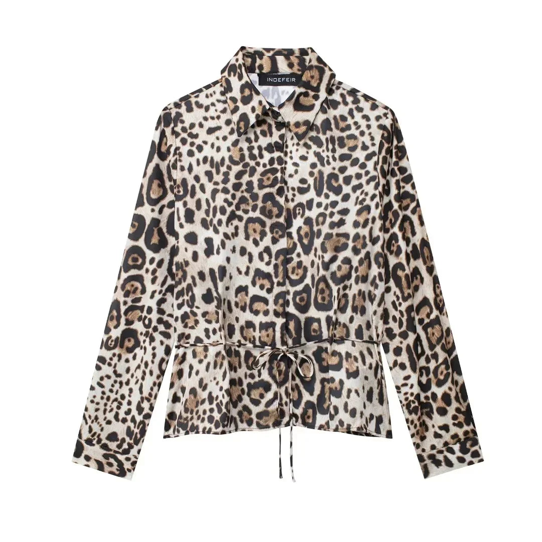 Chic Animal Print Button-Up Shirt and High Waist Zip Pants Set for Women