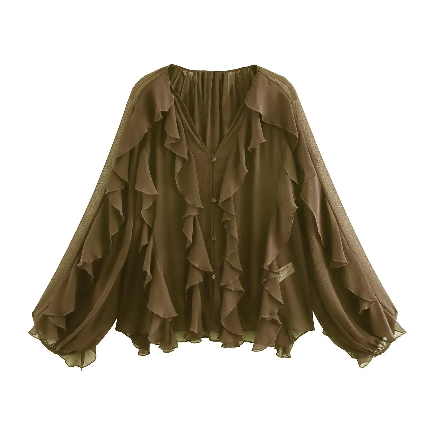 Sexy Translucent Ruffle Blouse for Women V Neck Single Breasted Tiered Casual Beach Shirt