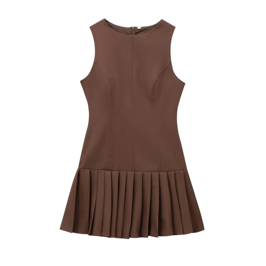 3D Cutout Mini Dress Pleated Skirt Brown Sleeveless