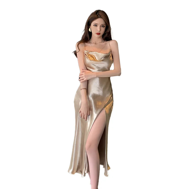 Satin Slip Dress Sleeveless Long Slim Fit Evening Gown