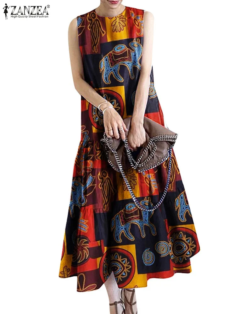 Bohemian Printed Sundress For Women O Neck Sleeveless