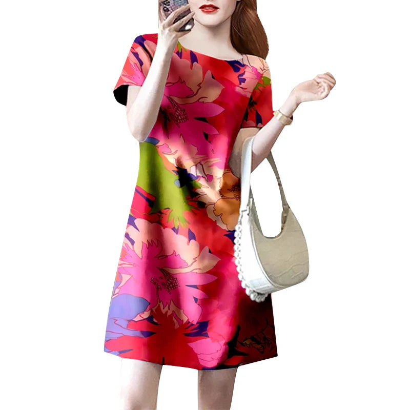 Floral Print Knee Length Summer Dress With Short Sleeve