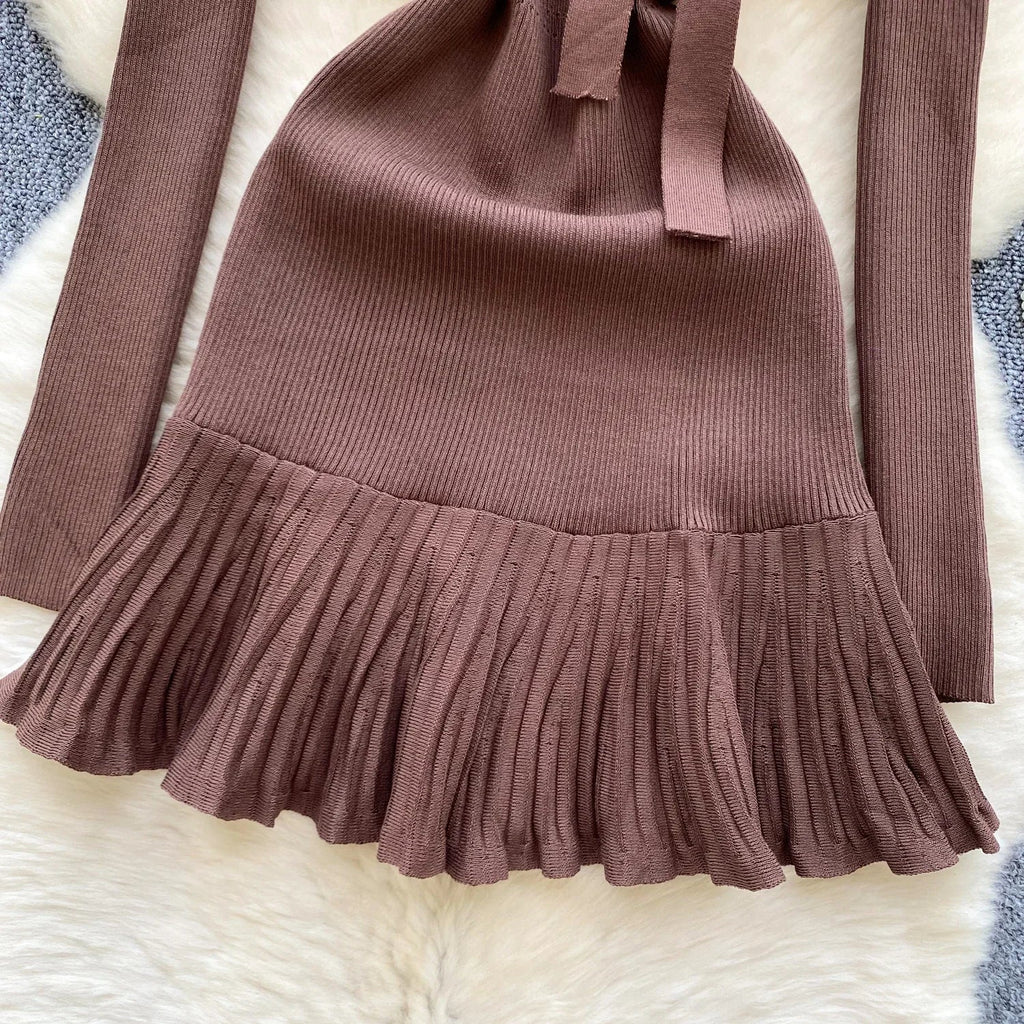 Knitted Short Dress With O Neck Bow Bodycon Chic Style