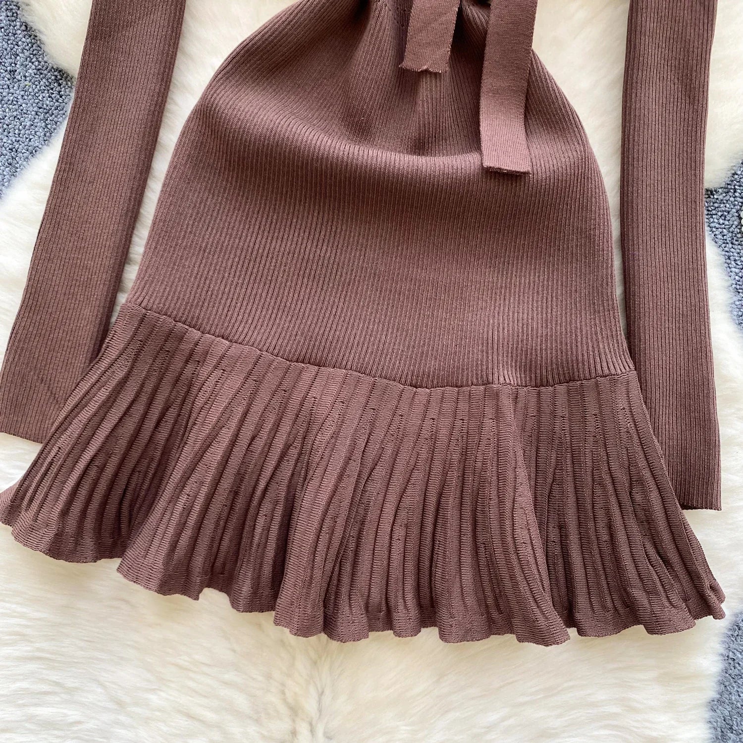 Knitted Short Dress With O Neck Bow Bodycon Chic Style