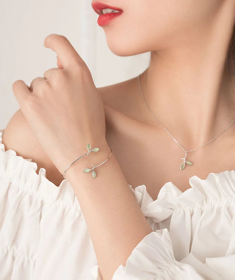 925 Sterling Silver Bangle with Green Opal Leaf Design for Women - Elegant Twigs Branch Jewelry Gift