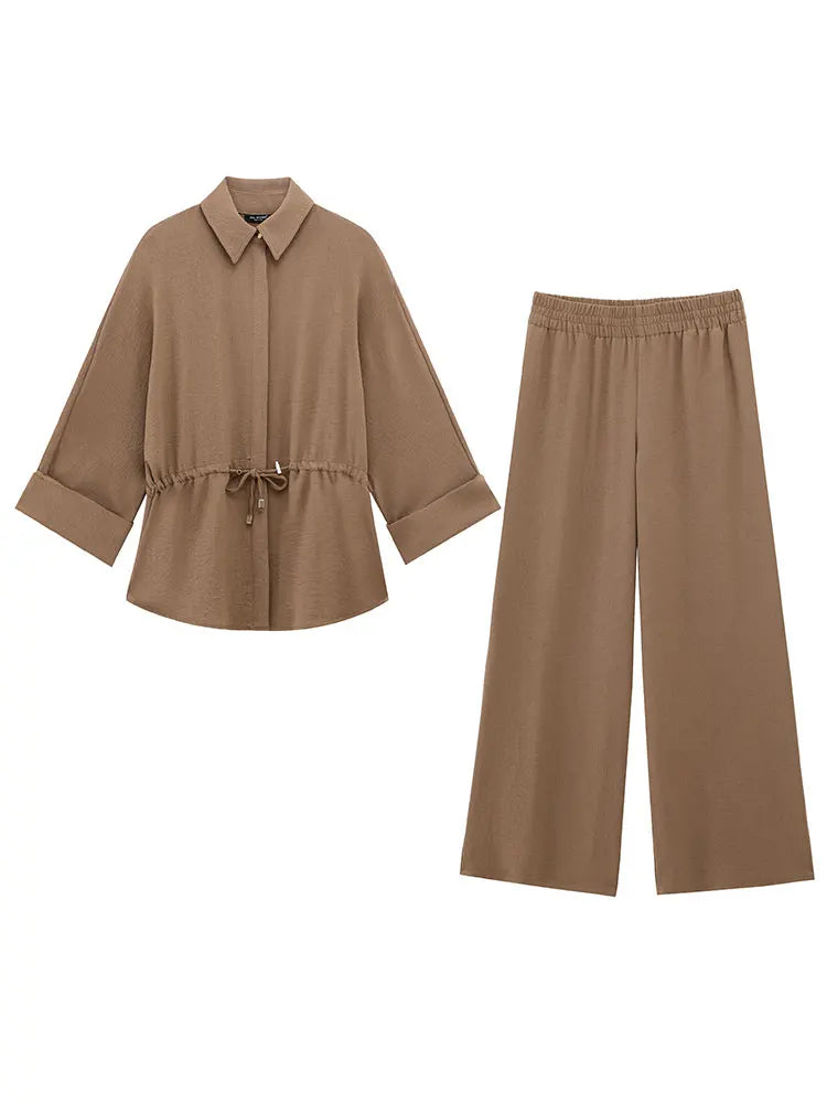 Vintage Brown Blouse and Wide Leg Trousers Set for Women with Lace Up Kimono Shirt and Elastic Waist Pants