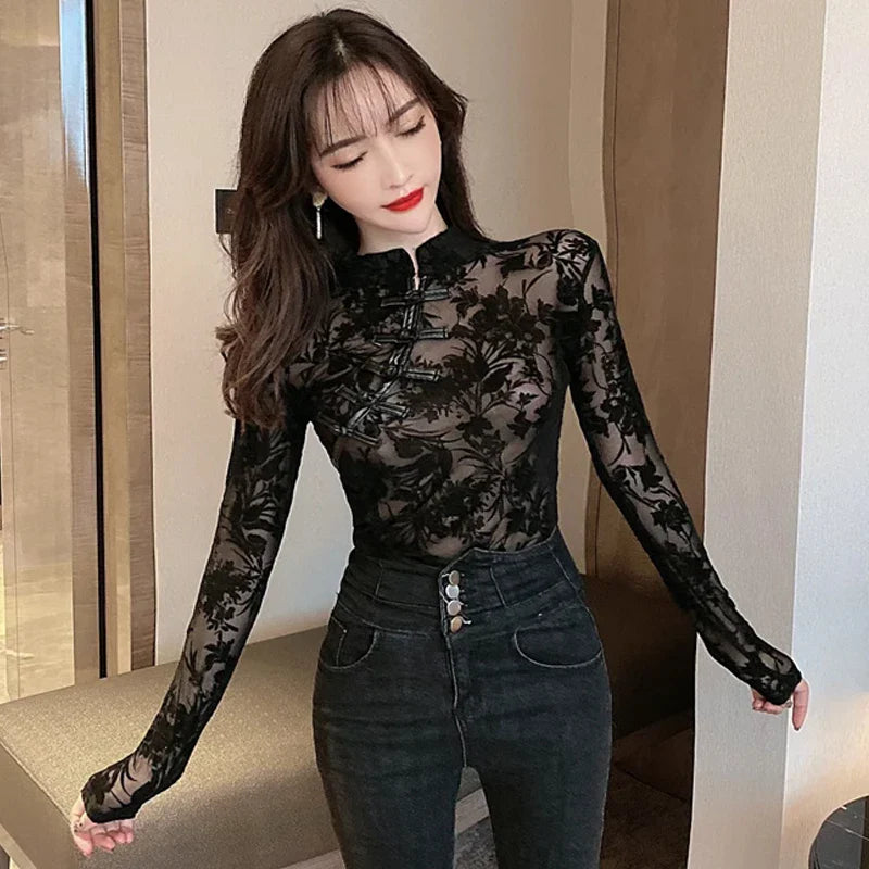 Elegant Mesh Lace Hollow Slim Fit Long Sleeve Shirt for Women Vintage-Inspired Sexy Bottoming Top