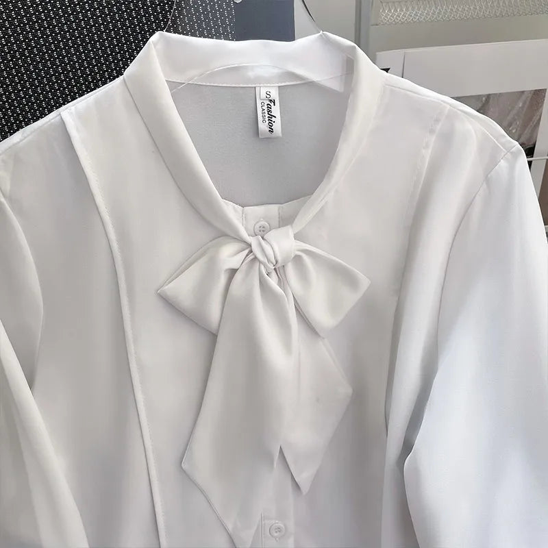 Women's White Chiffon Long Sleeve Blouse Elegant Korean Style Office Shirt Lightweight Temperament Workwear Top