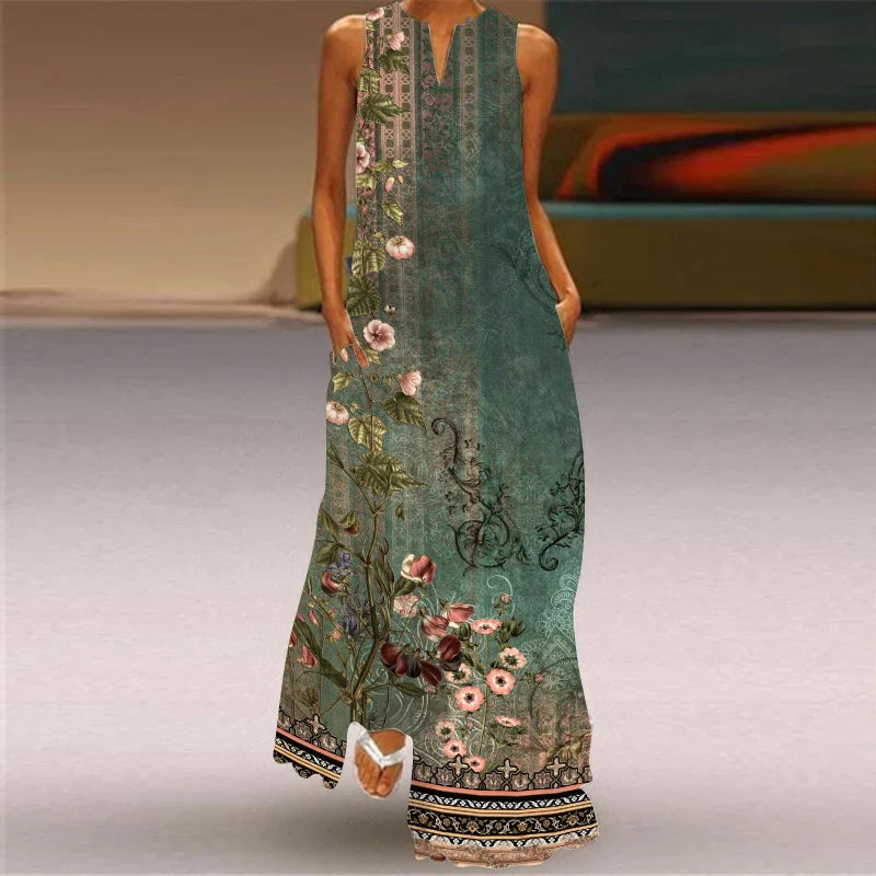 V Neck Sleeveless Printed Maxi Dress For Women Summer Style