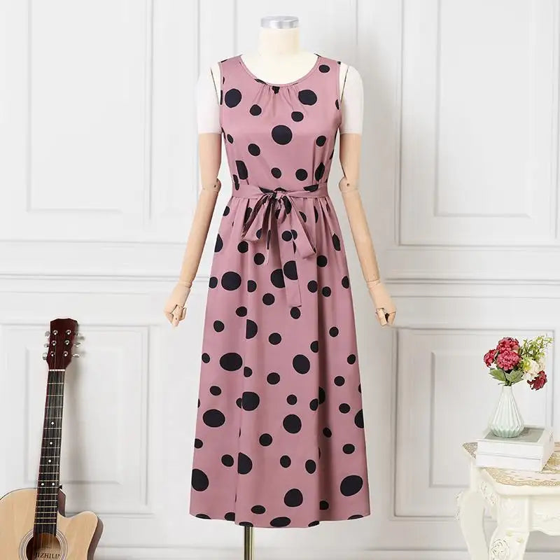 Polka Dot Kaftan Dress For Women Belted Waist Sleeveless