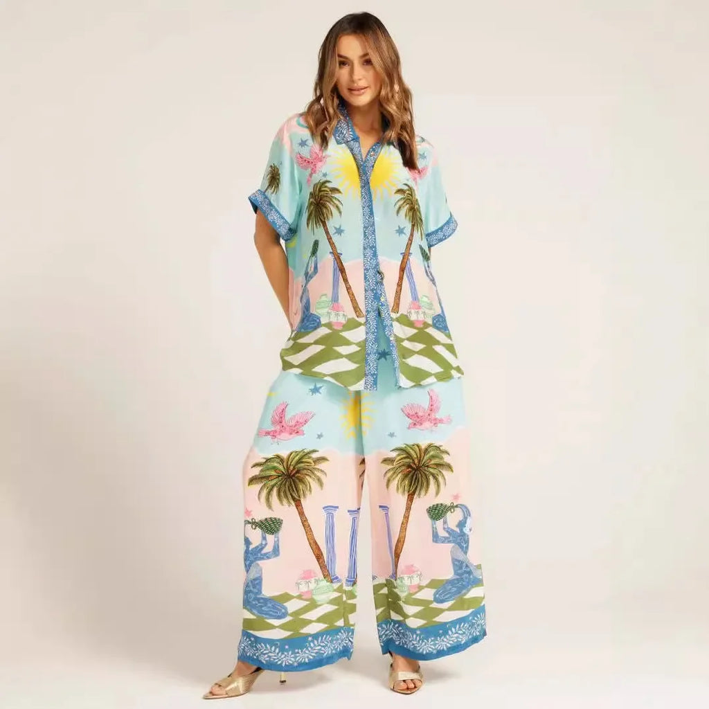 Summer Fashion 2 Piece Set for Women with Printed Half Sleeve Shirt and High Waisted Wide Leg Pants