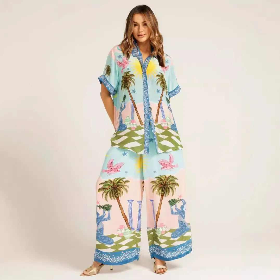 Summer Fashion 2 Piece Set for Women with Printed Half Sleeve Shirt and High Waisted Wide Leg Pants