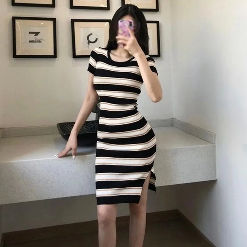 Striped Knit Dress Wrapped Short Hip With Front Slit